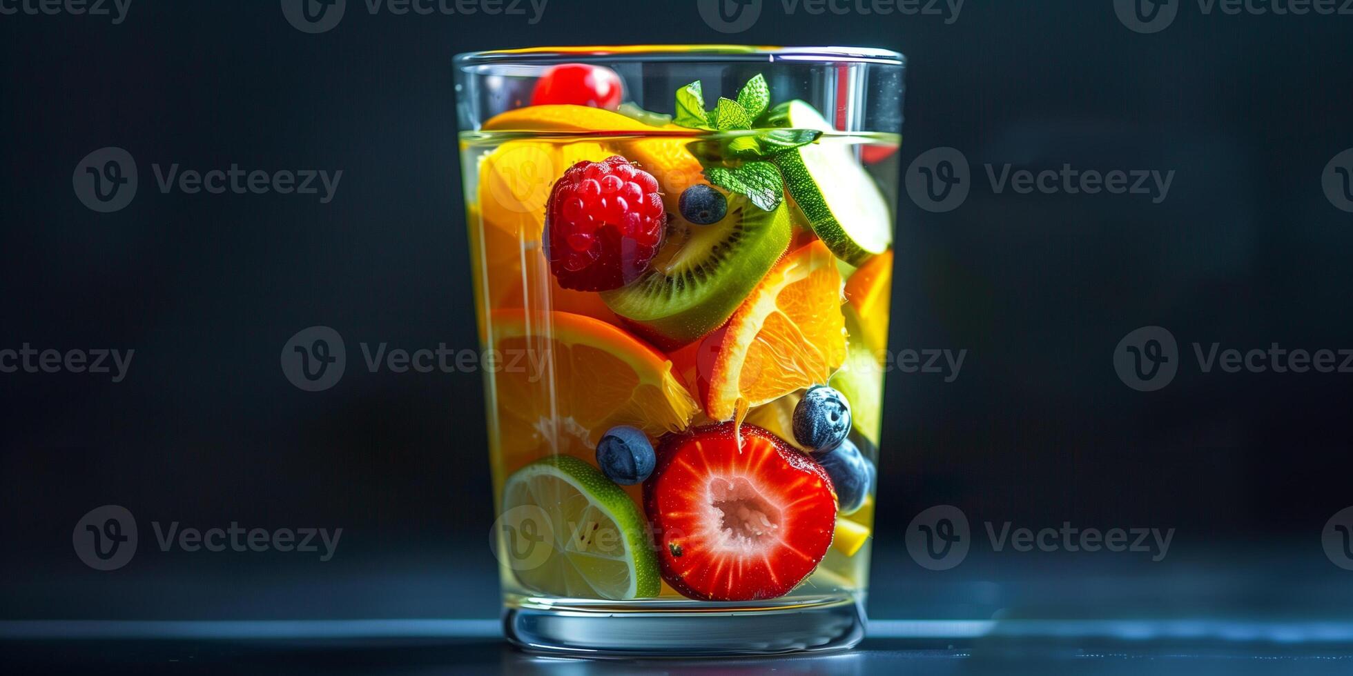 Clear glass filled with a vibrant blend of various fruits and vegetables, gastronomy photography photo