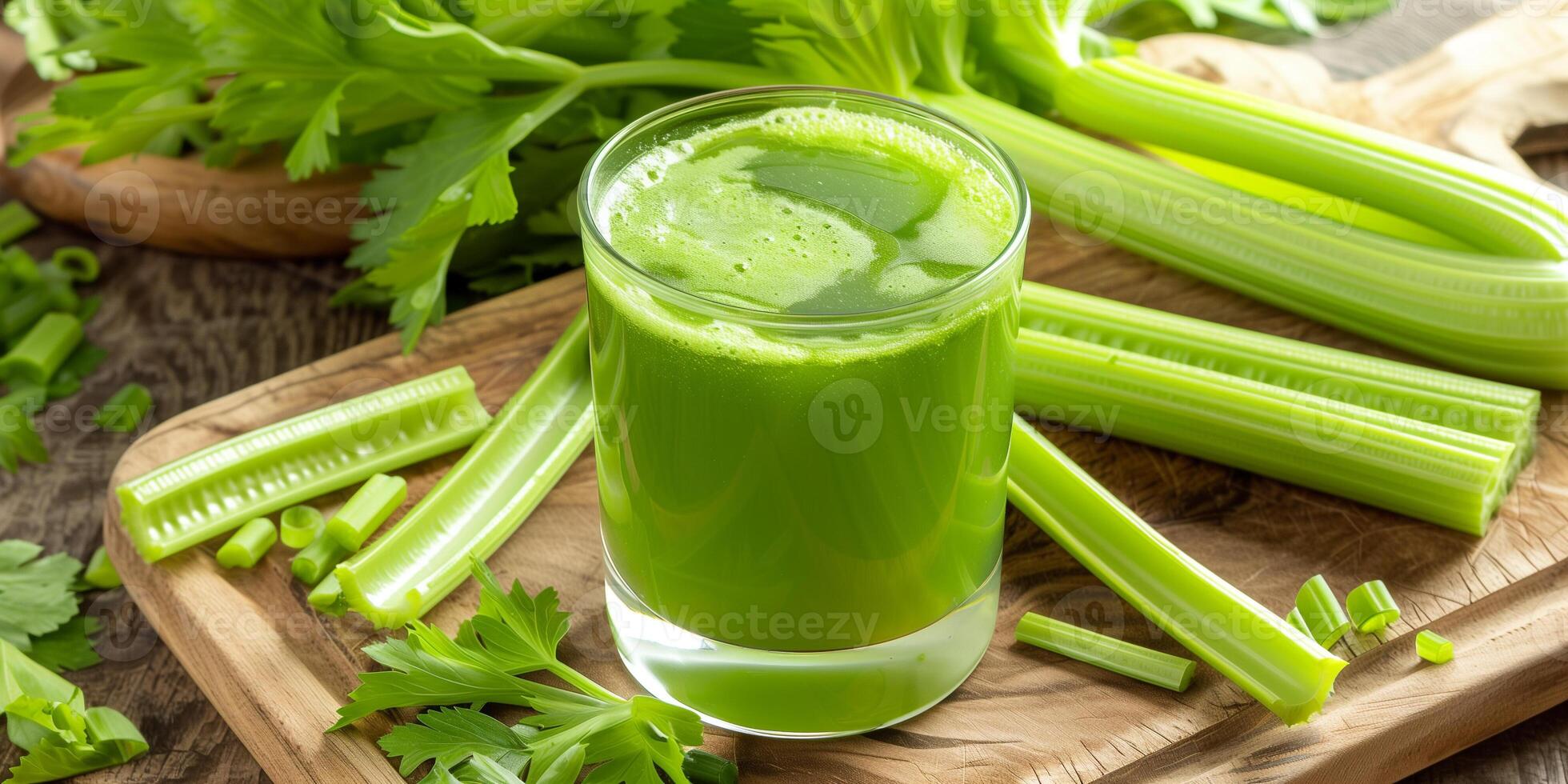 Clear glass of cold-pressed celery juice placed on a cutting board, with celery stalks surrounding it, photorealistic food photo