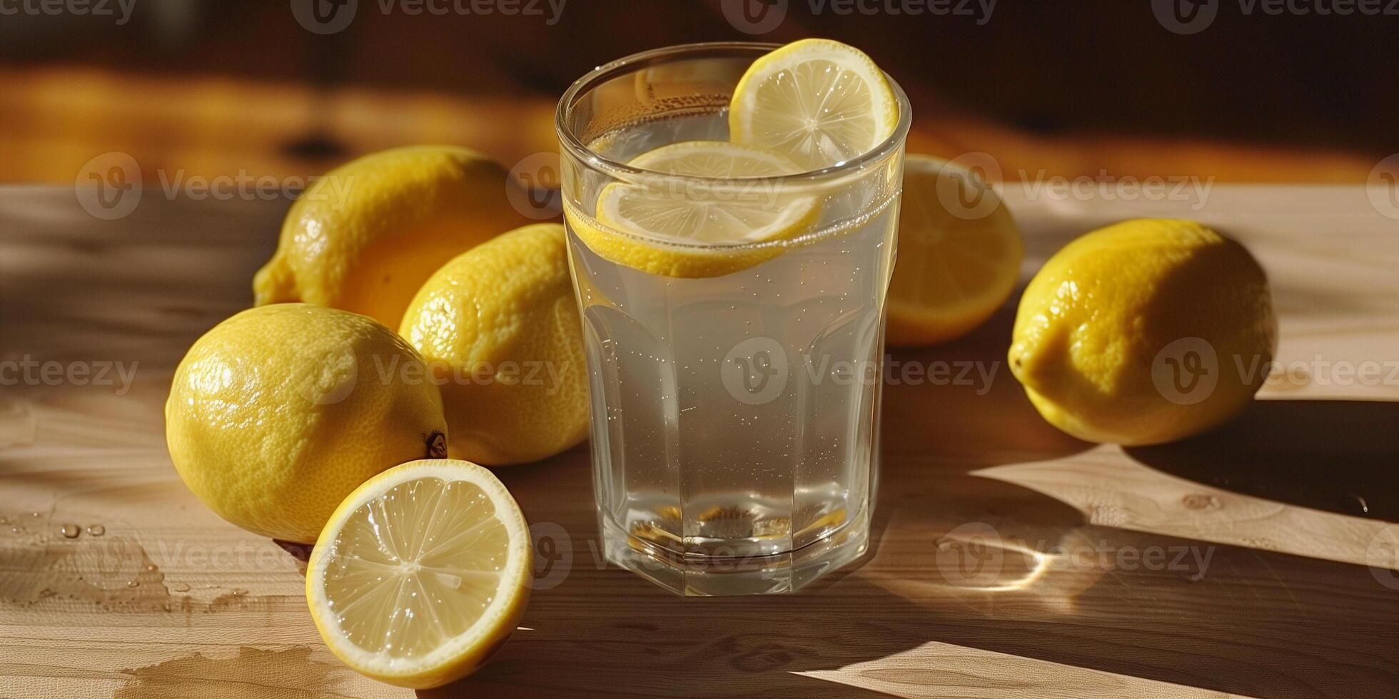 Clear glass of lemon water on a wooden surface with whole lemons beside it, photorealistic food photo