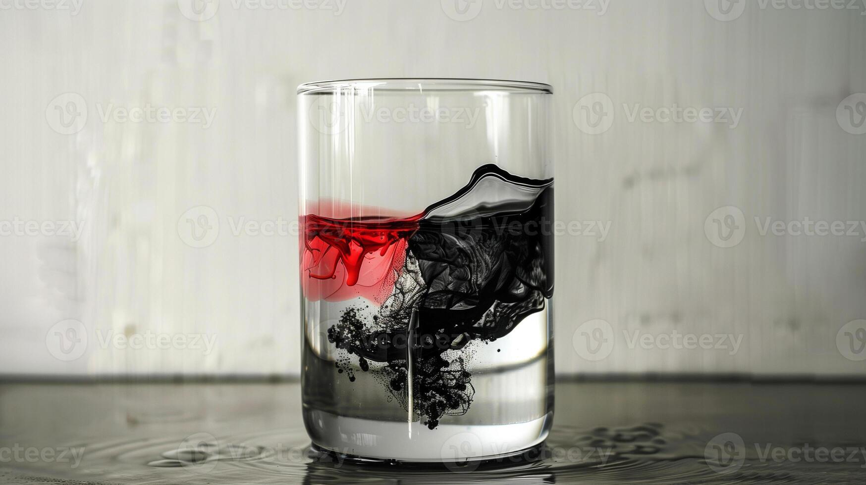 Clear glass partitioned with red liquid on the left and black liquid on the right, gastronomy photography photo