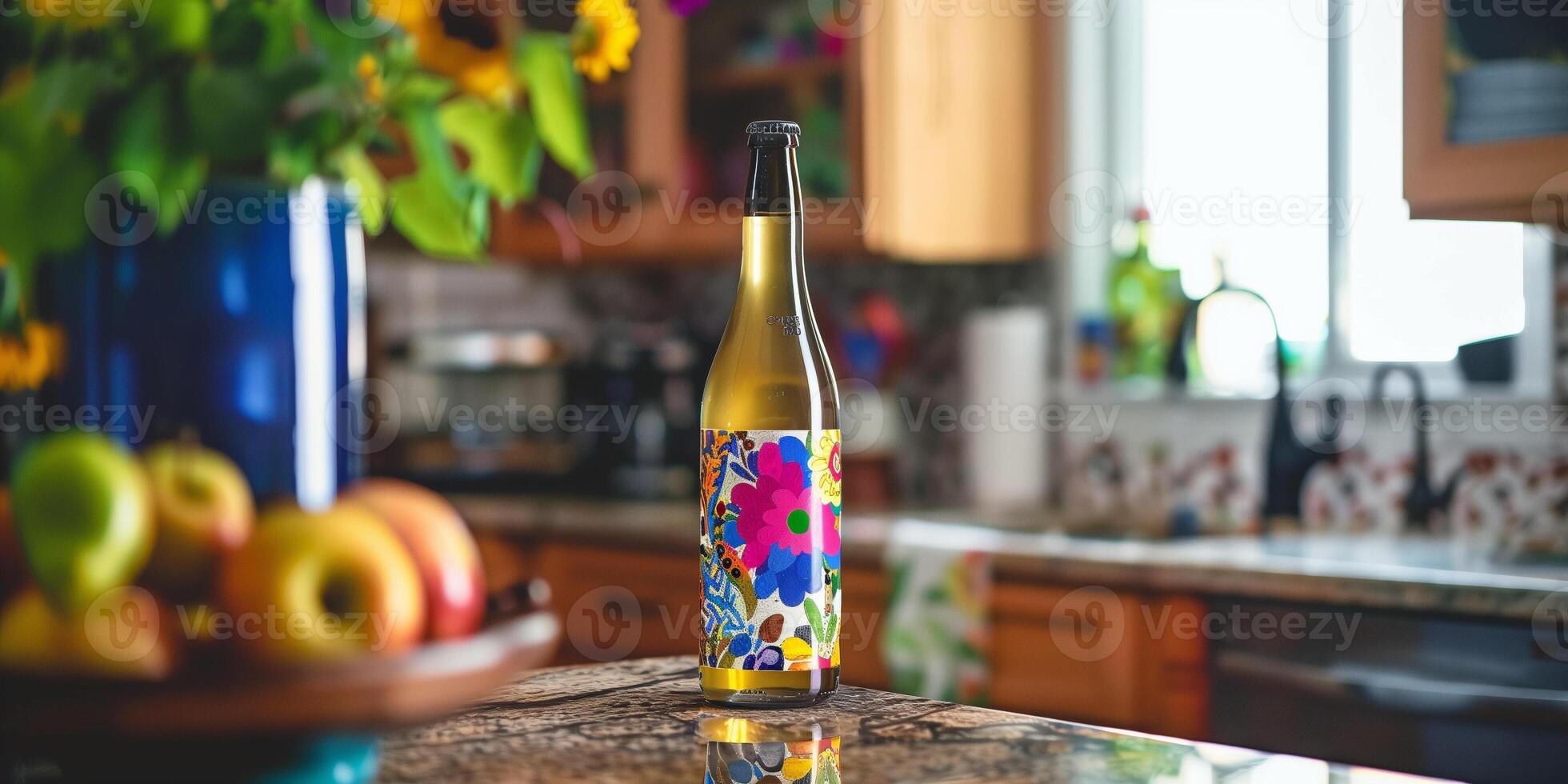 Bottle of blueberry-flavored cider, standing on a kitchen counter, with vibrant label artwork facing forward, gastronomy photography photo