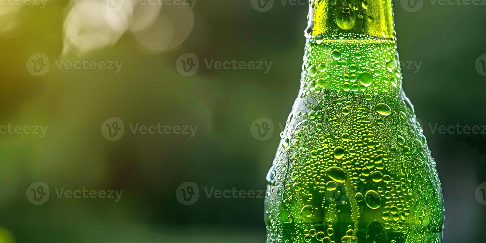 Clear bottle with green soda and condensation, food setting photo