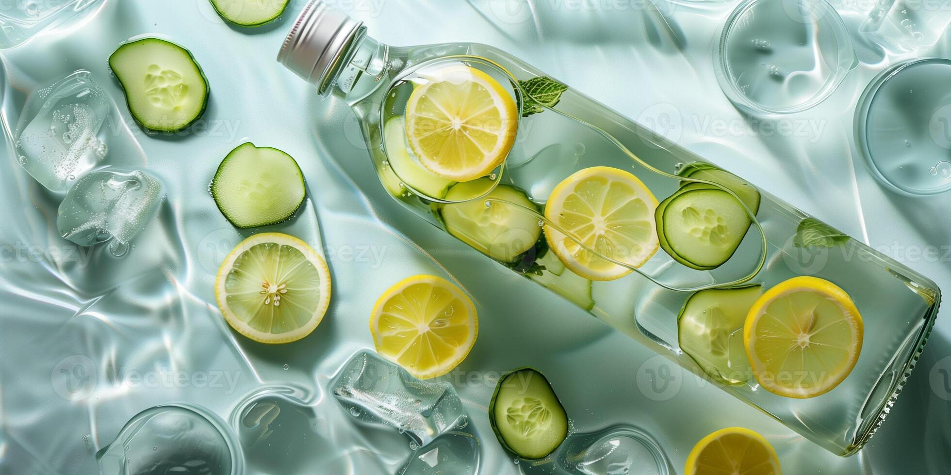 Clear glass bottle filled with water and slices of lemon and cucumber floating inside, food setting photo