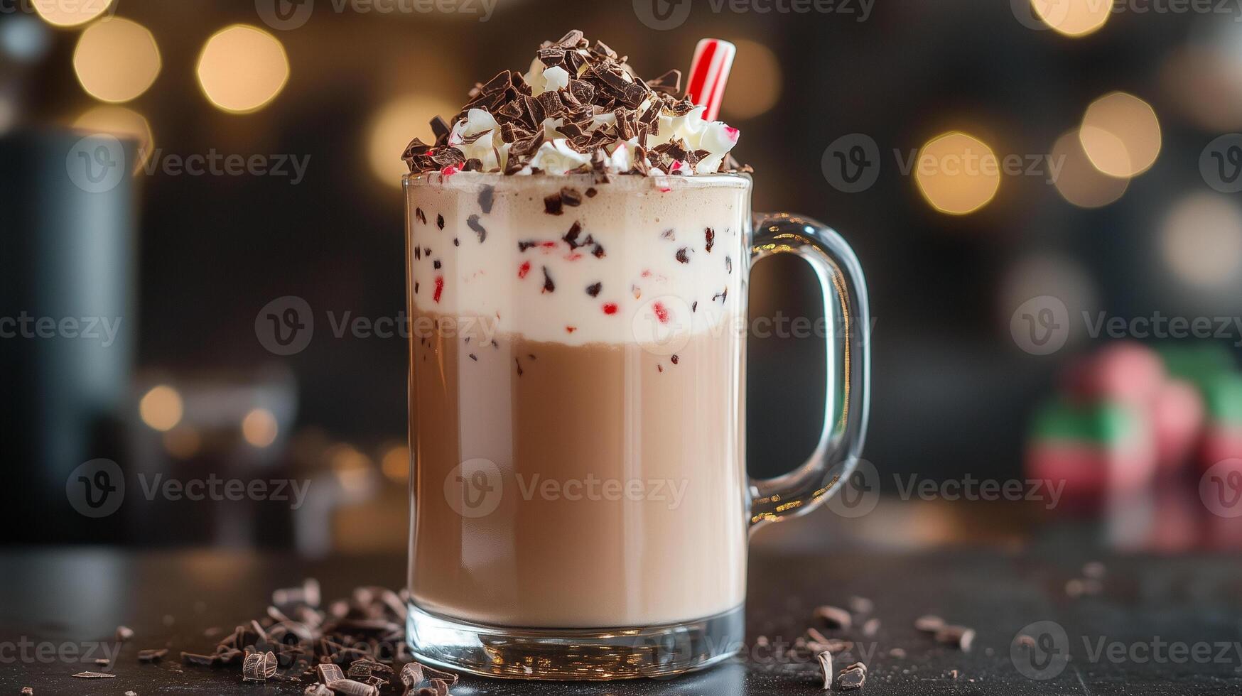 Clear glass mug with a drink, topped with crushed peppermint and chocolate shavings, meal photography photo