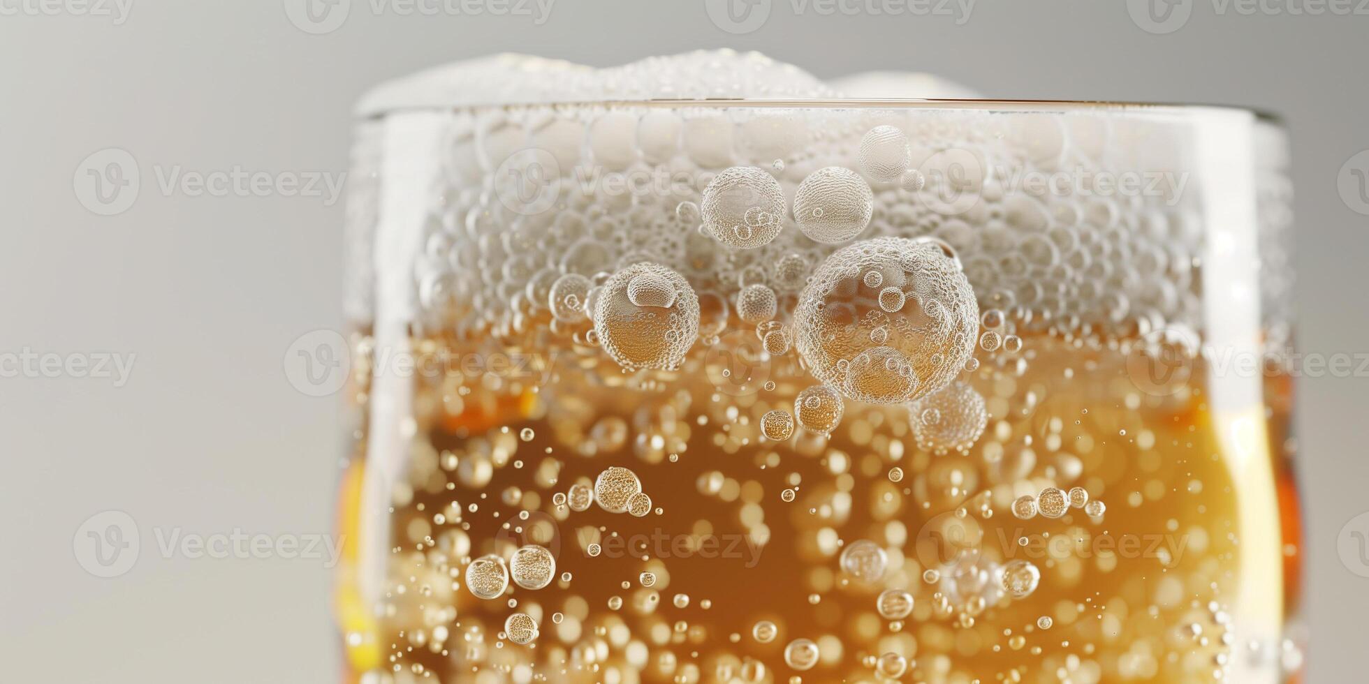 Clear glass of craft beer with visible carbonation and a frothy head, meal photography photo