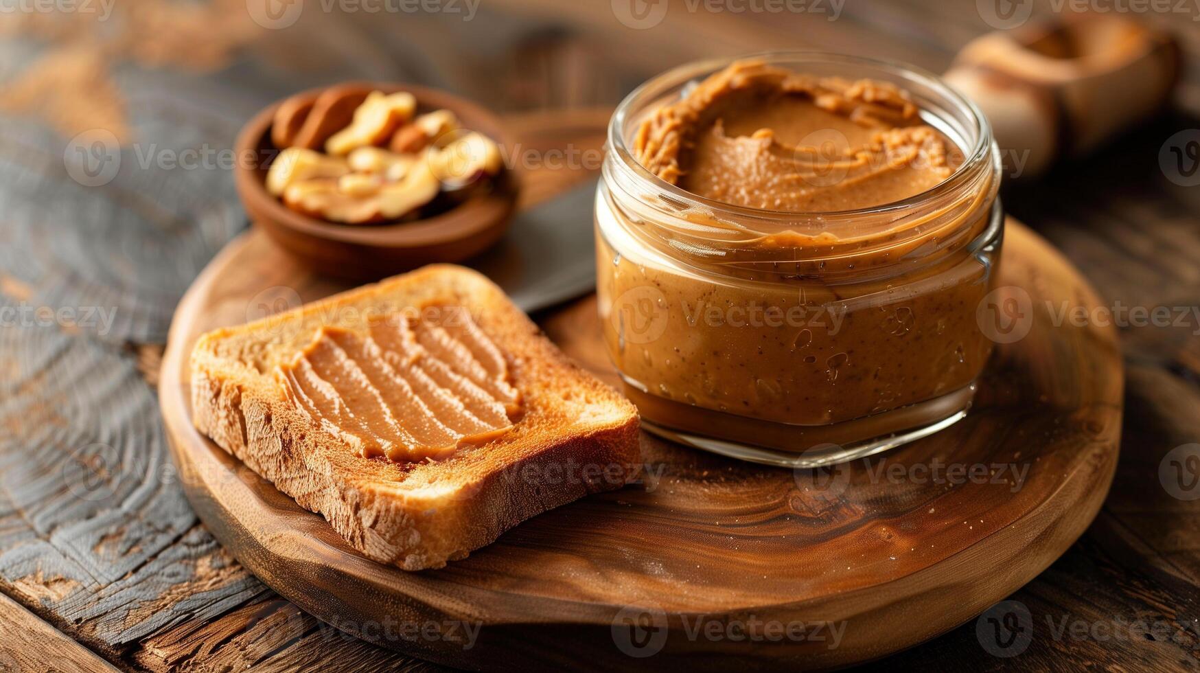 Clear jar of nut-free spread next to a piece of toast on a wooden board, food setting photo
