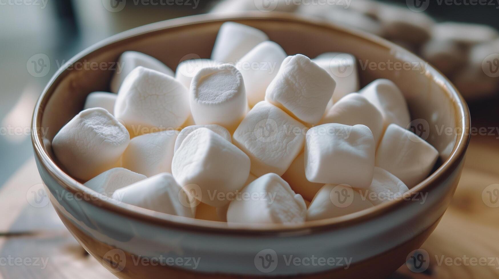 Close-up of a bowl of square marshmallows, perfectly aligned, meal photography photo
