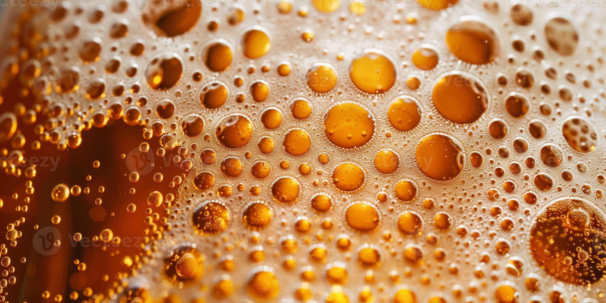Close-up of a frothy lager head in a glass, with tiny bubbles visible, meal photography photo
