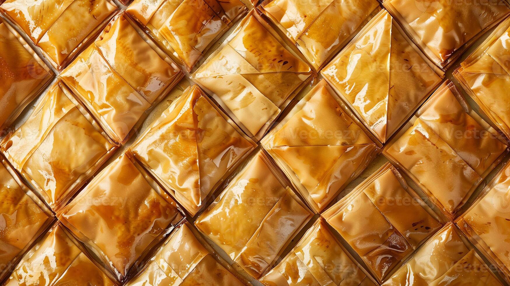 Baklava pieces in a diamond pattern, showing layered interior, food setting photo