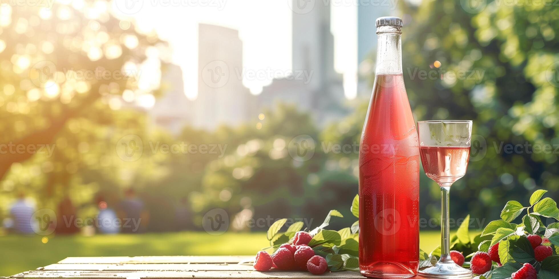 Bottle of raspberry-flavored cider, standing on a picnic table, with an empty glass and a park scene in the background, meal photography photo