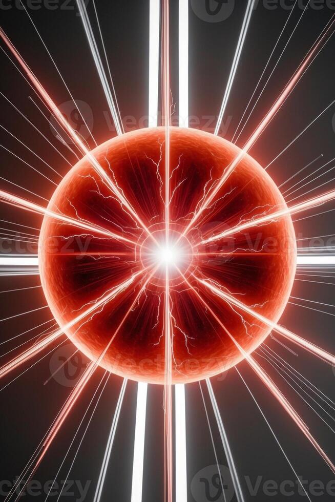 advance futuristic circuit red orange glowing energy sphere with radial electric lines vertical format. photo