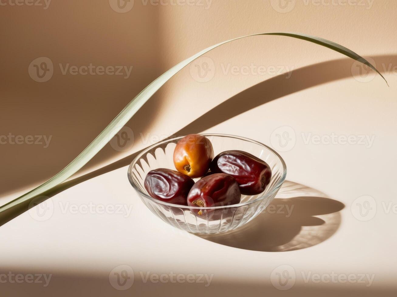 Dates in Glass Bowl with Palm Leaf Shadow on Beige Background. photo