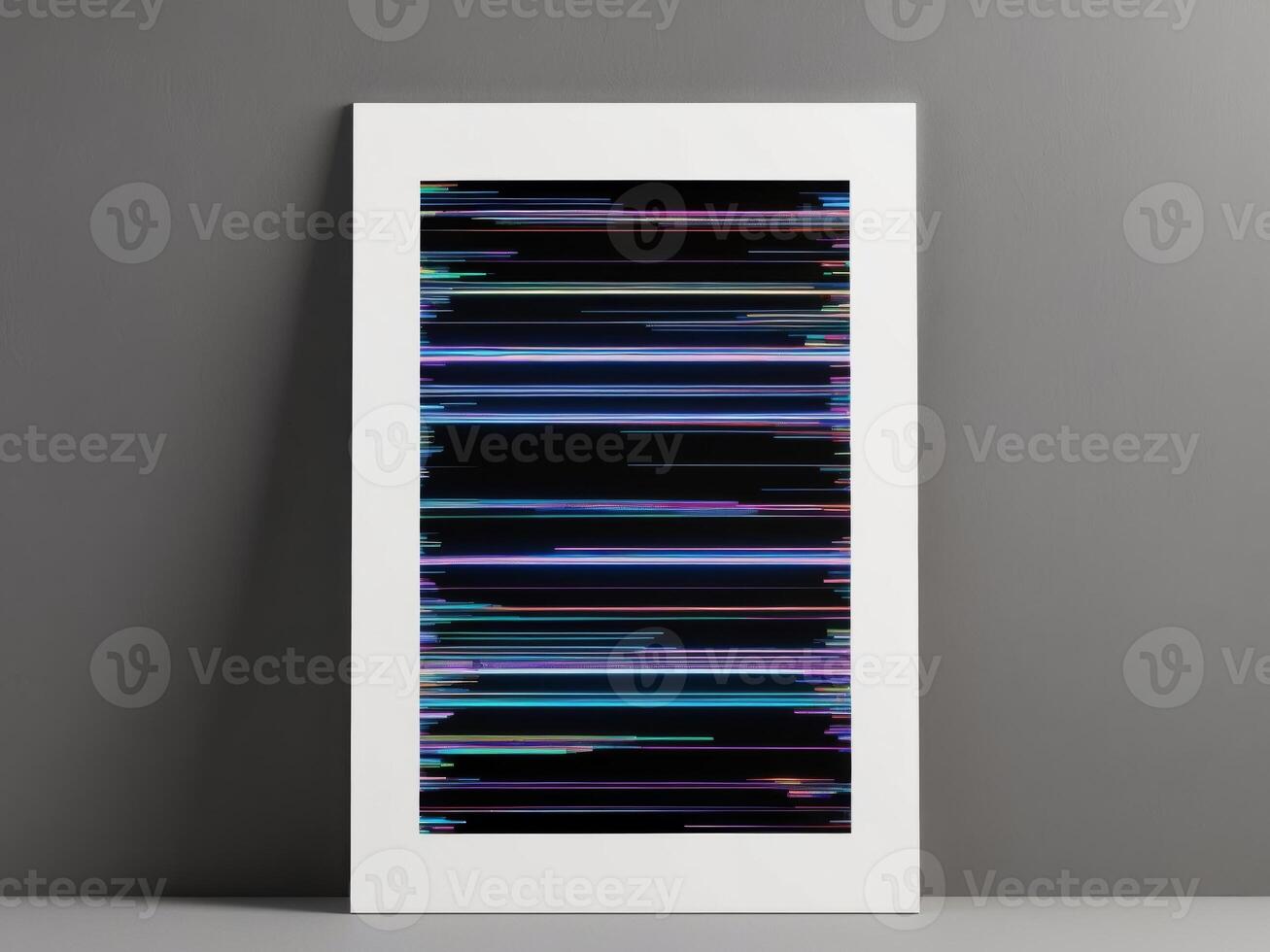 multicolored glitch effect with horizontal digital lines on black background distorted neon effect digital art vertical format. photo
