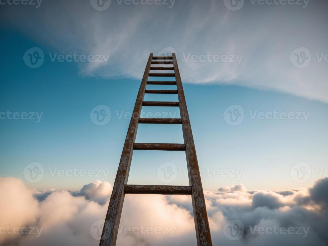 A whimsical wooden ladder ascending through fluffy clouds at dawn. photo