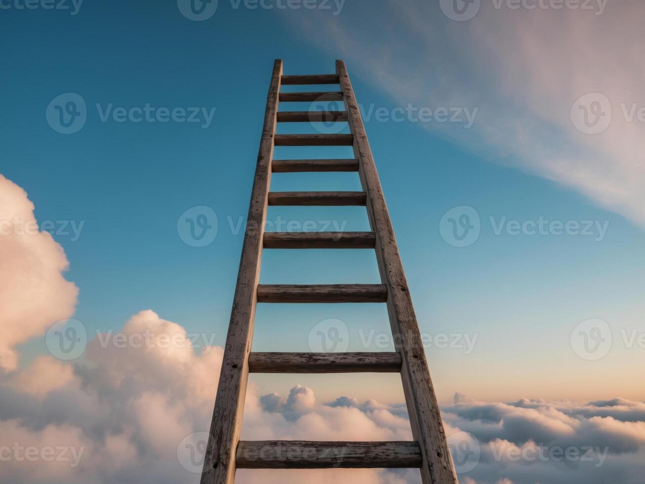 A whimsical wooden ladder ascending through fluffy clouds at dawn. photo