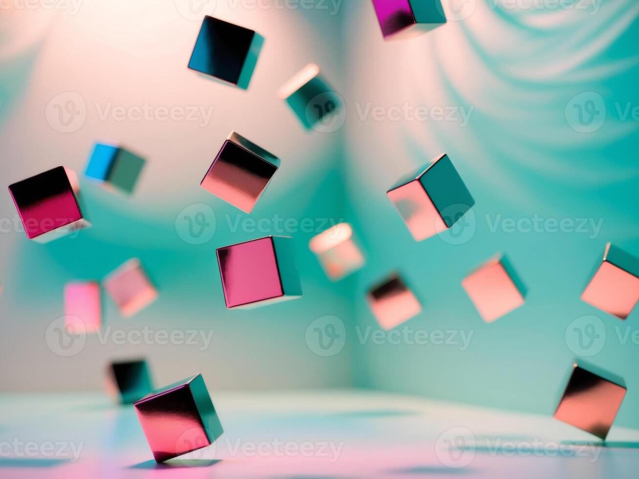 Abstract turquoise background with metallic cubes falling and reflecting on the same colored surface. photo
