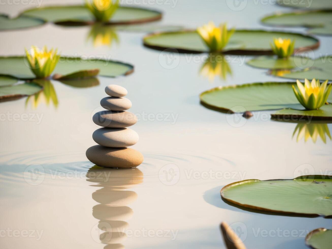 Stacked Stones on Water with Water Lilies and Lily Pads. photo