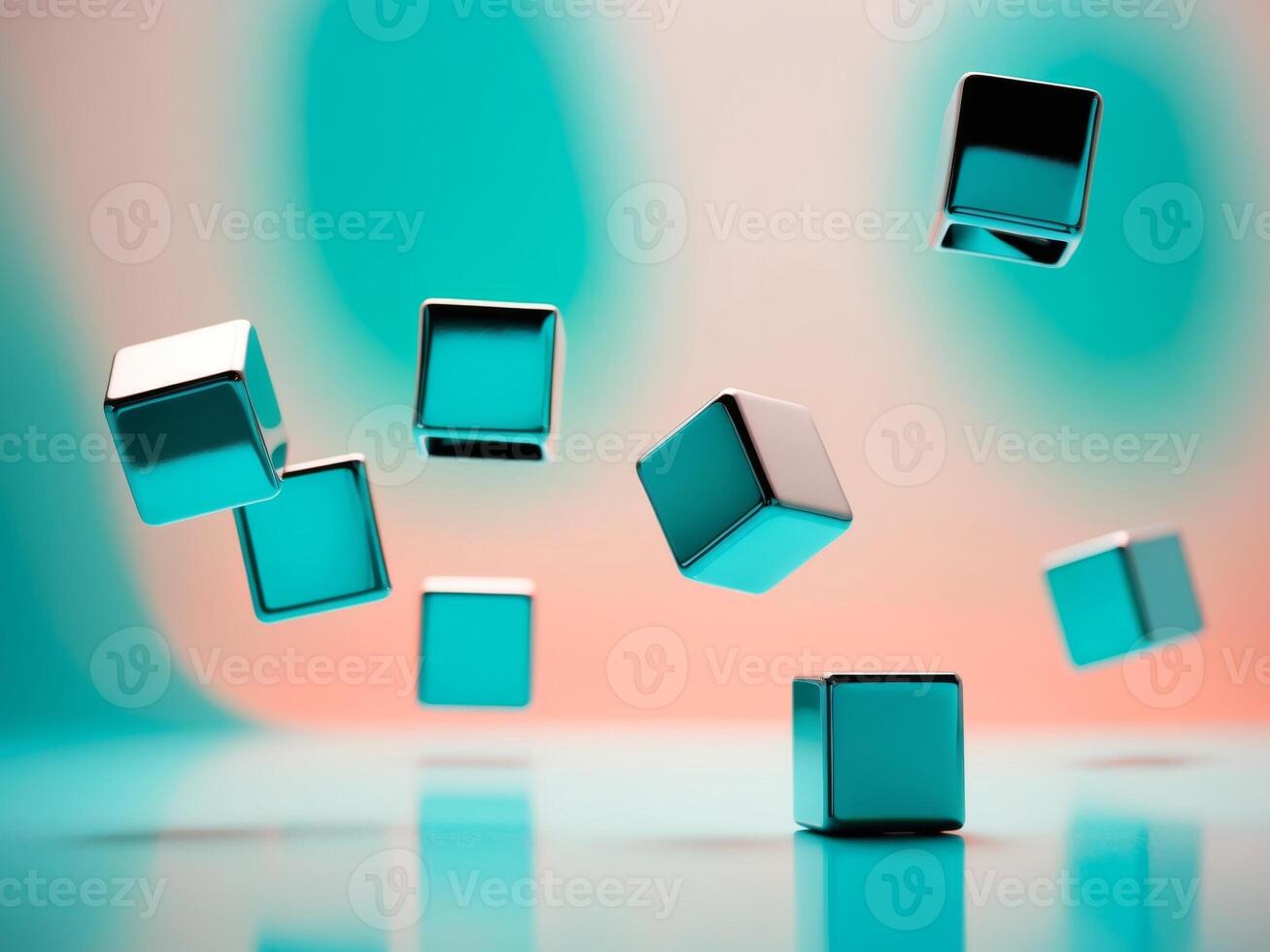 Abstract turquoise background with metallic cubes falling and reflecting on the same colored surface. photo