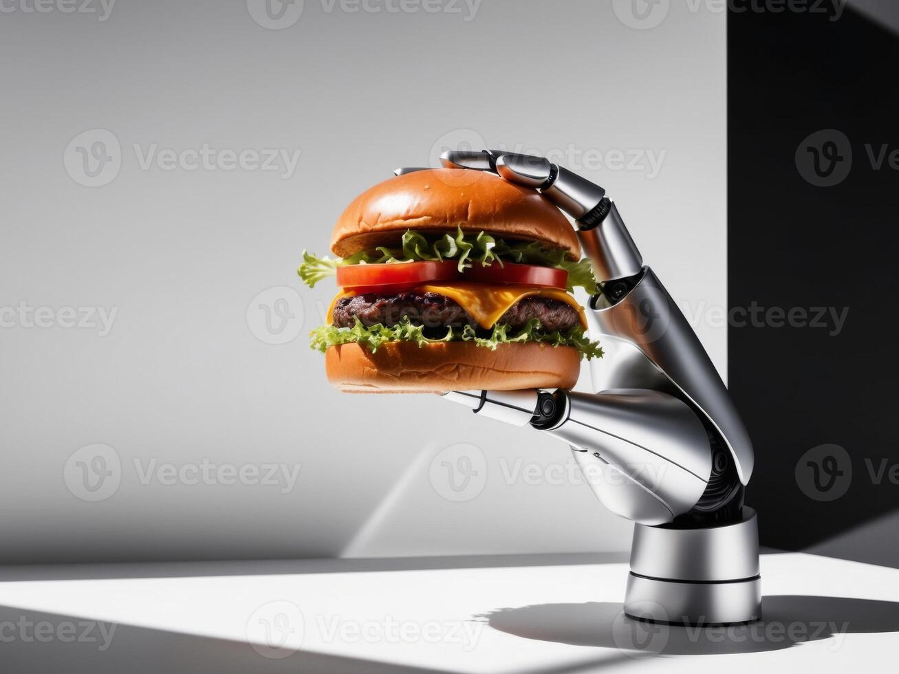 A close up of a robotic hand holding a delicious burger highlighting the intersection of technology and food. photo