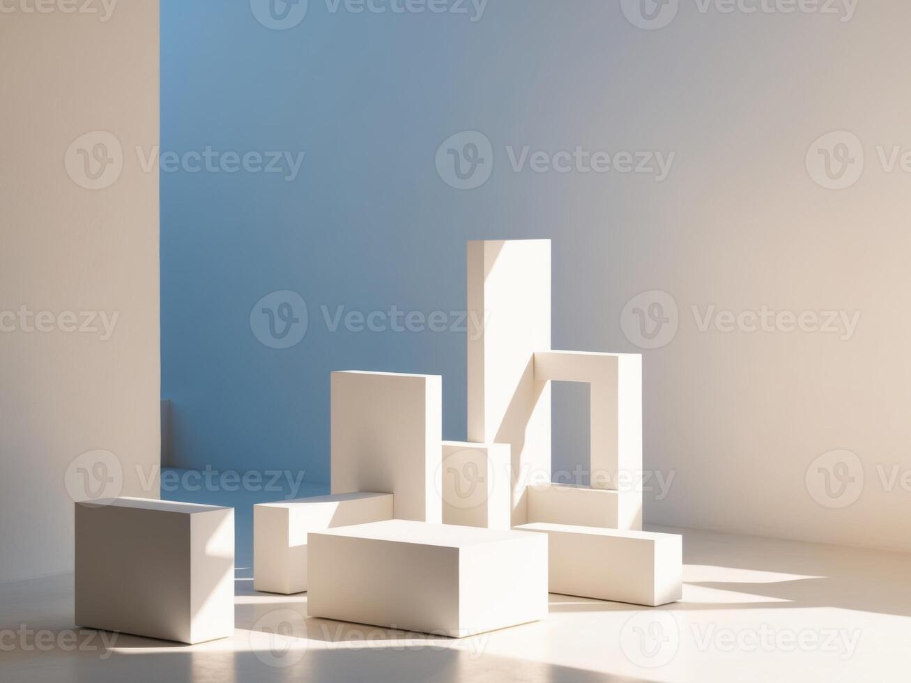 Abstract geometric blocks with sunlight in blue tones. photo