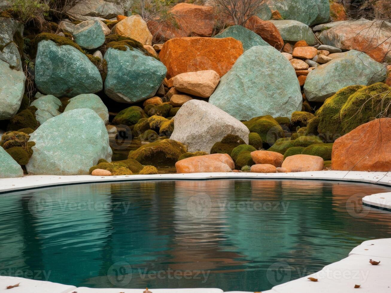 Tranquil natural pool surrounded by vibrant rocks and mossy stone formations. photo
