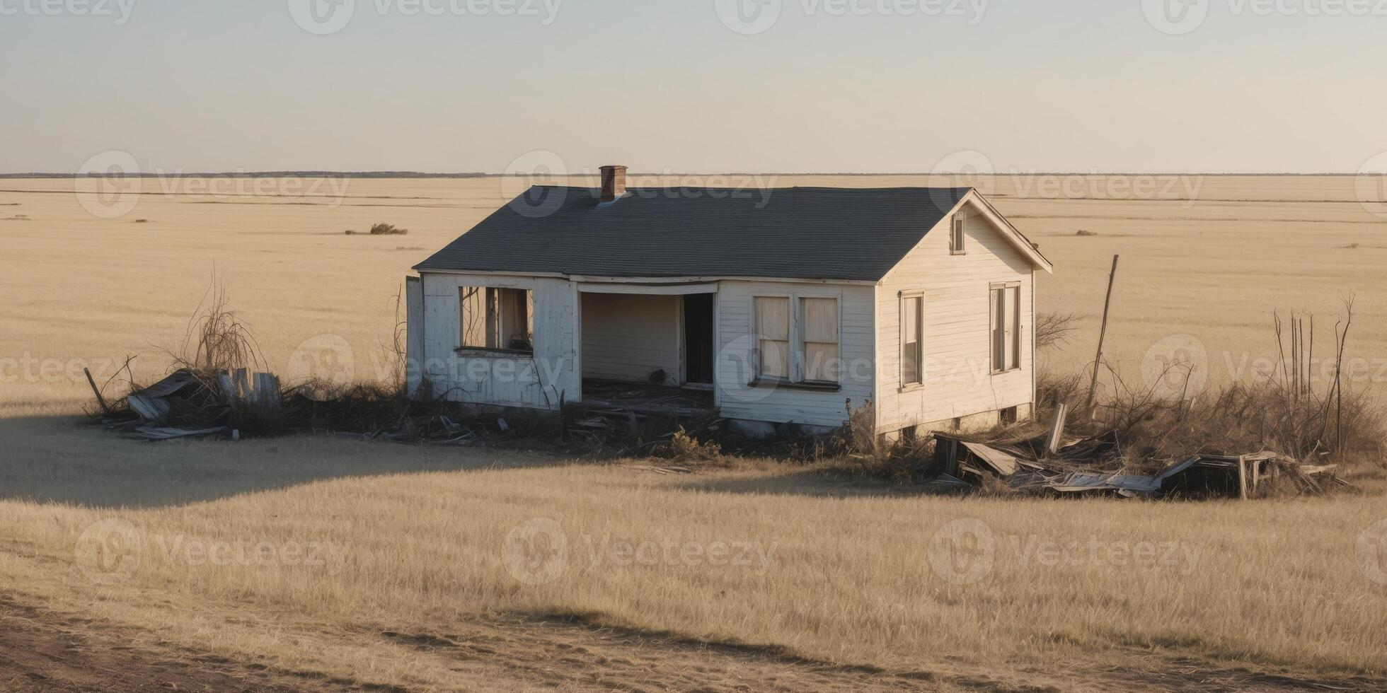 Abandoned house amid a field of scattered debris. photo
