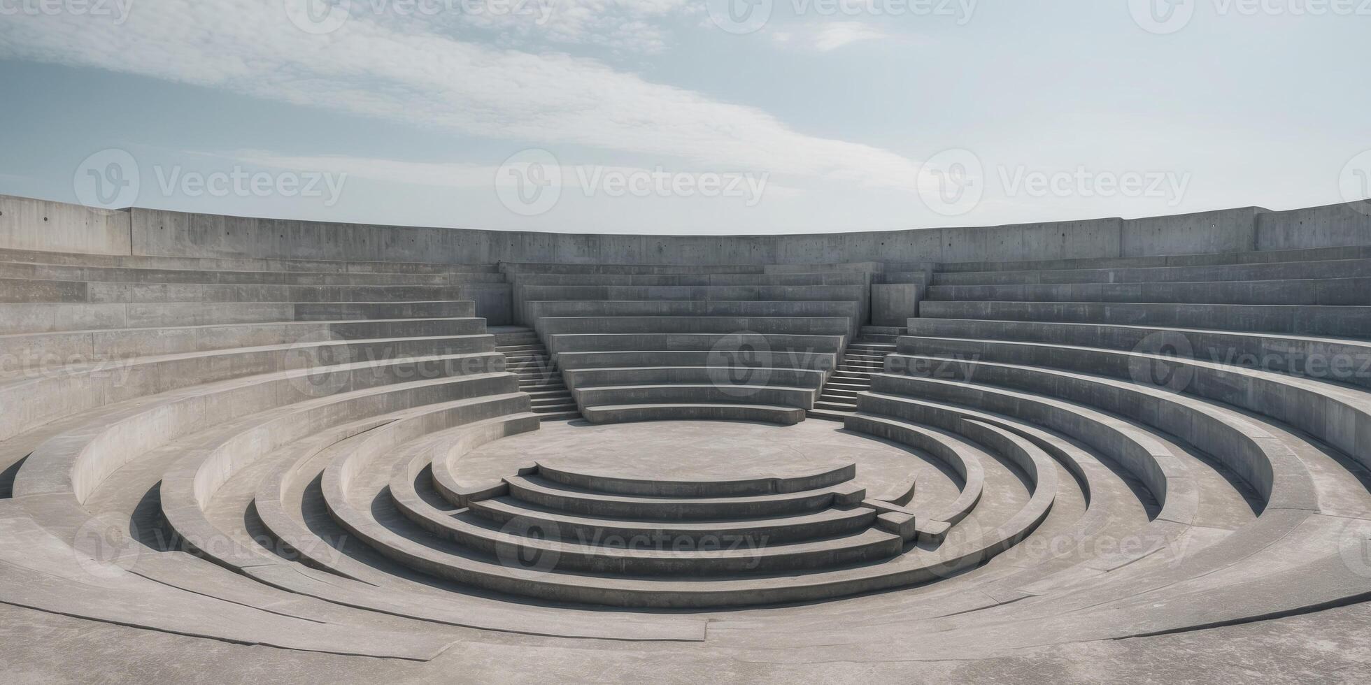 Brutalist Concrete Amphitheater with Tiered Seating and Weathered Surfaces in Open Space. photo