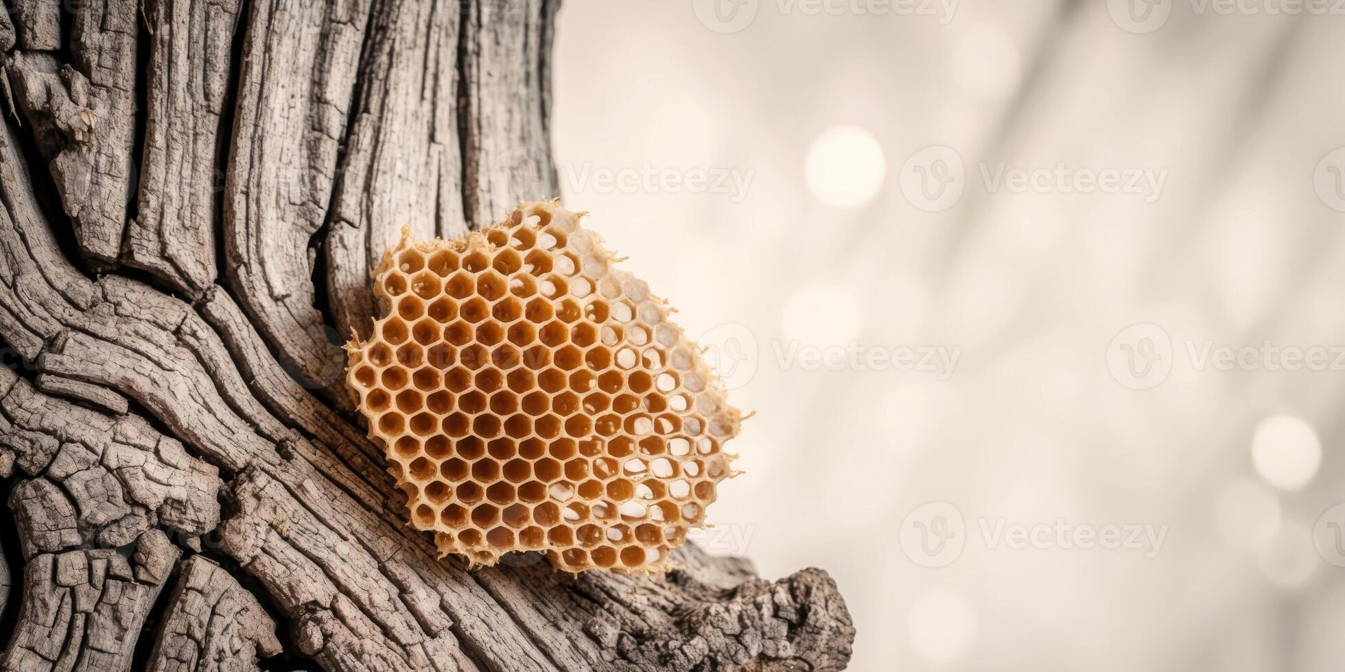 Close up honeycomb resting on tree trunk showing texture. photo