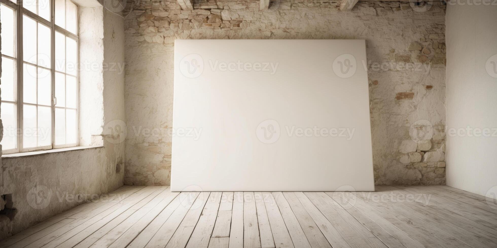 Blank Canvas in Rustic Studio with Natural Light. photo