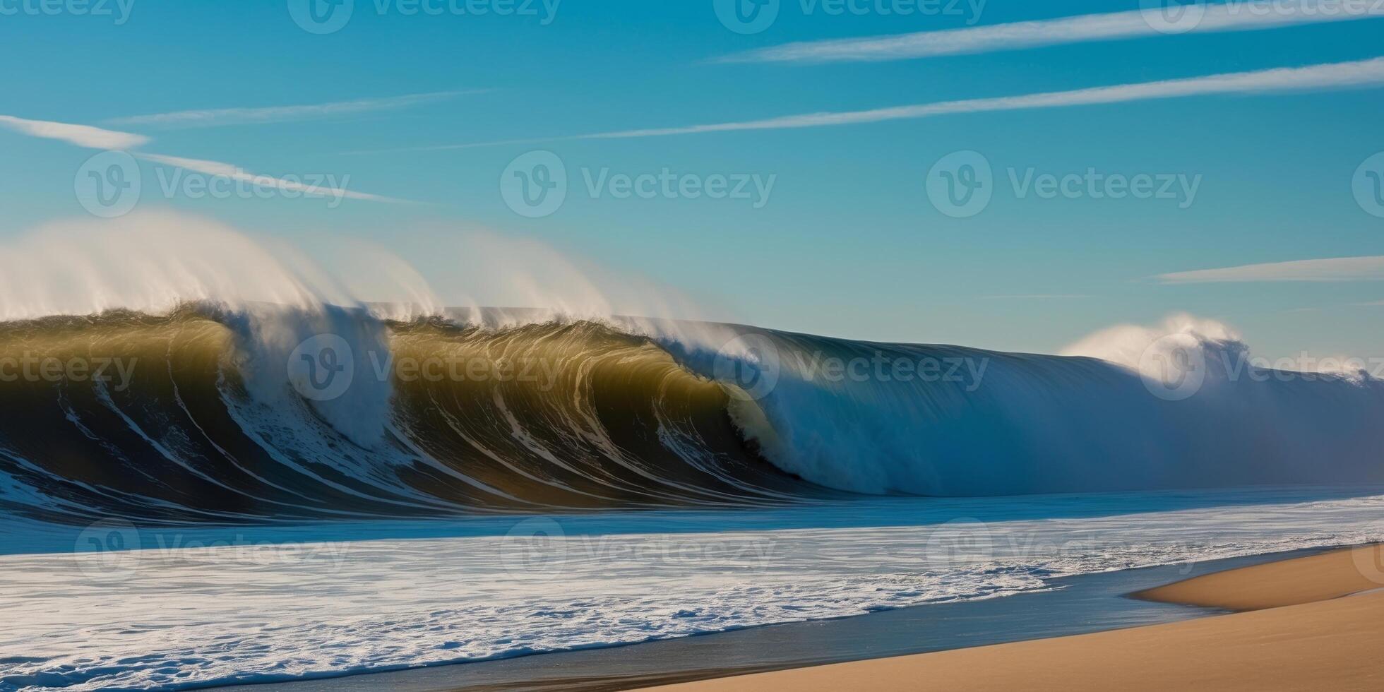 A large wave crashes on the shore on a sunny day. photo