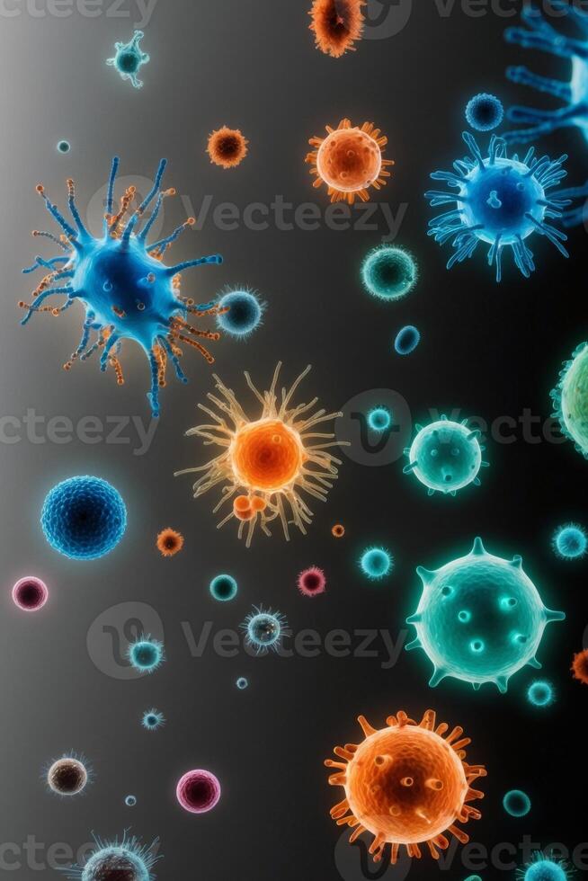 Microscopic view of various colorful germs. photo