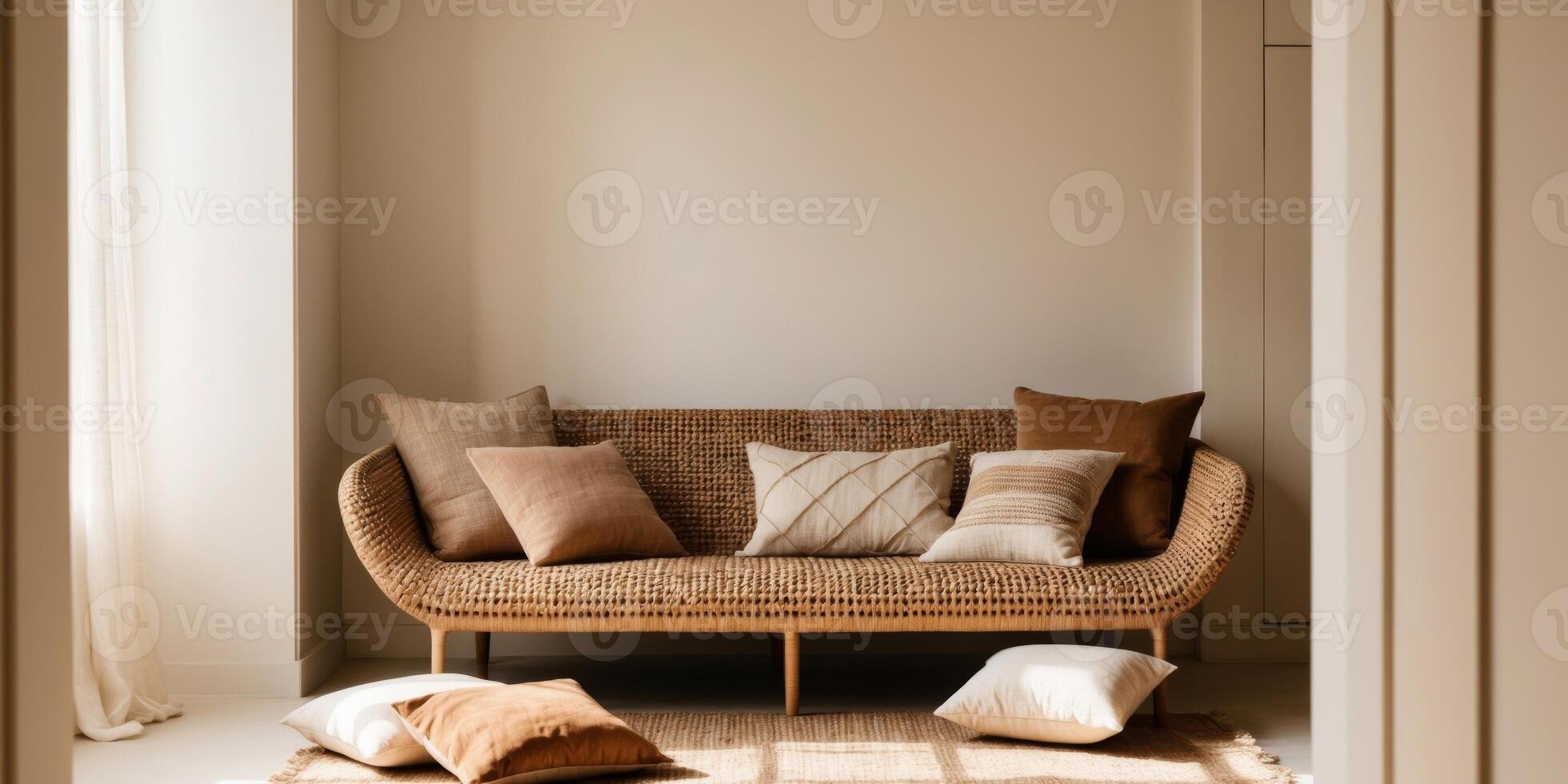 Cozy corner with a stylish woven sofa and decorative cushions in a warm living room. photo
