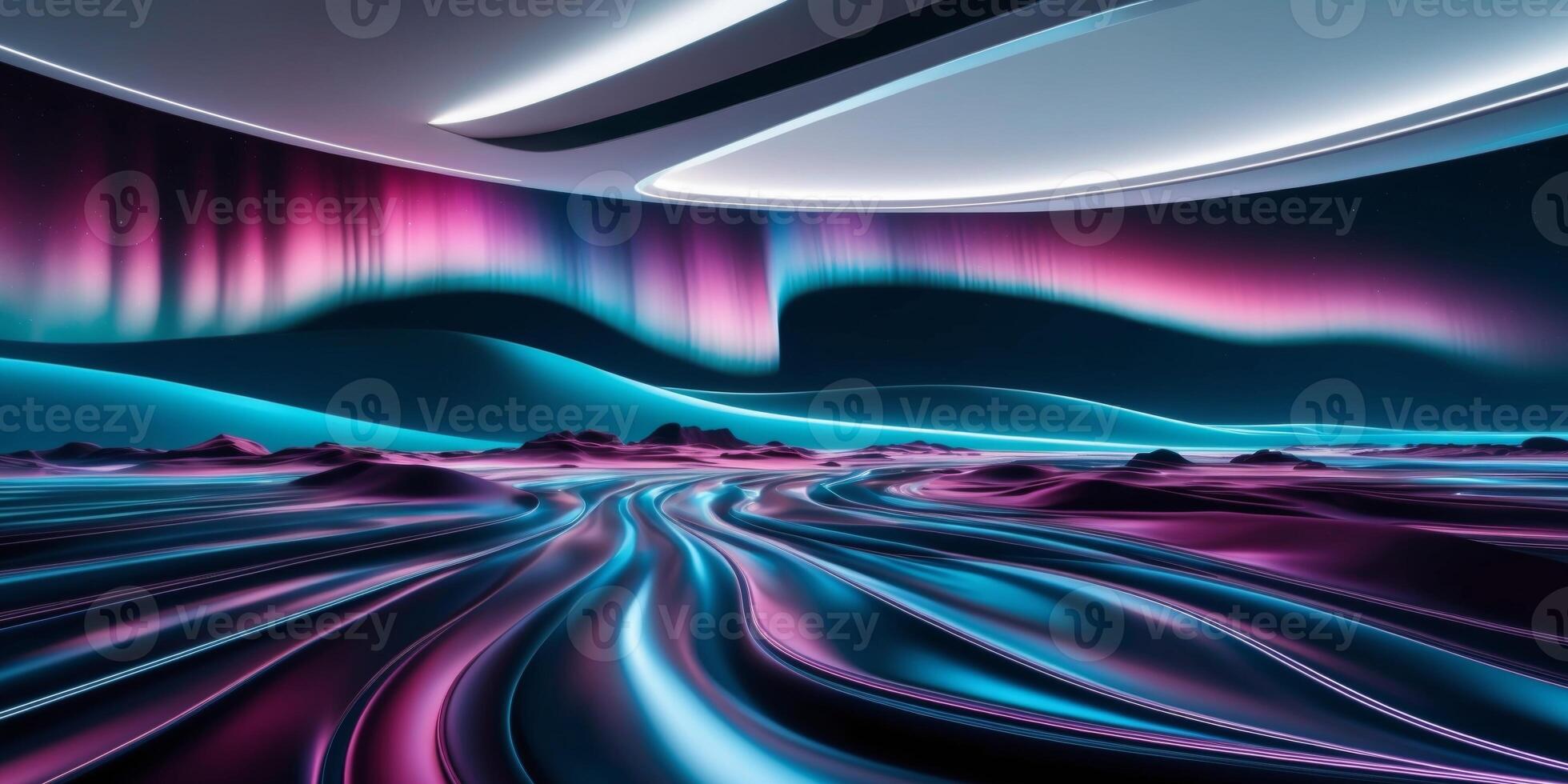 vibrant abstract digital landscape with dynamic waves aurora lights in blue purple hues technology background wallpapers. photo