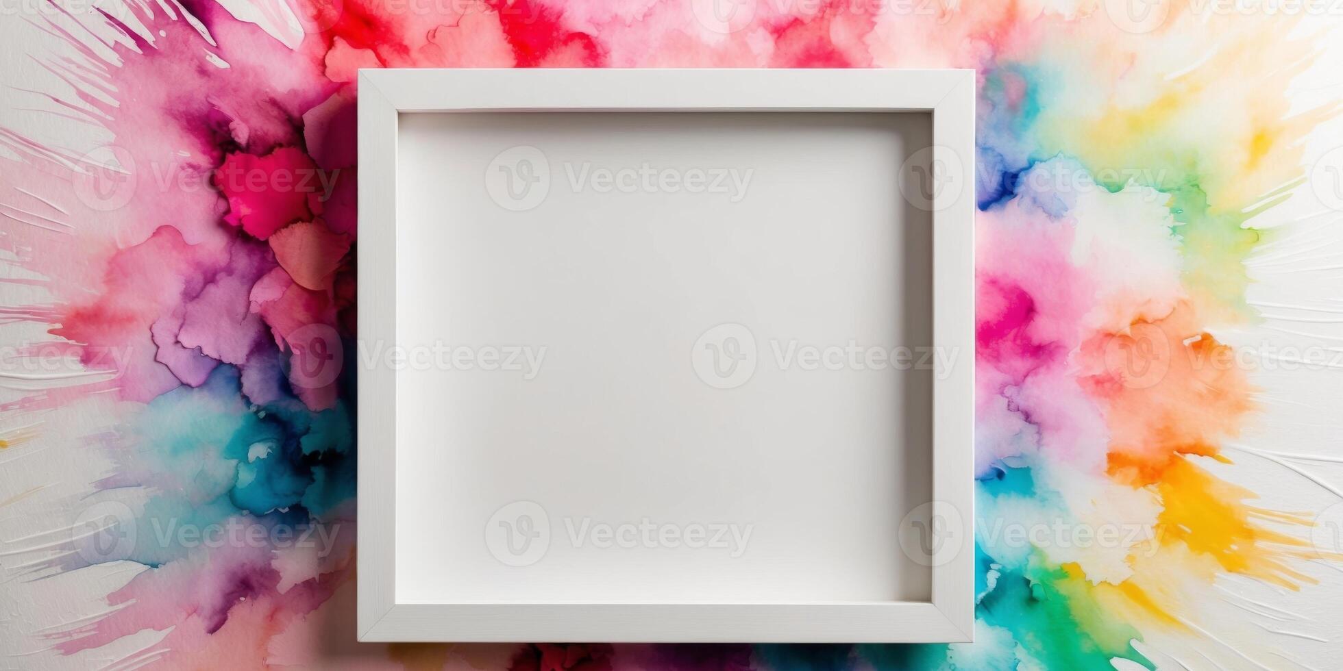 Blank white square frame on colorful abstract watercolor background. photo