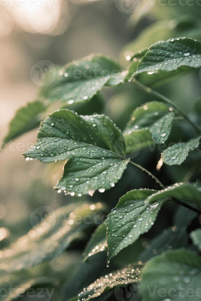 Fresh green leaves with morning dew in natural light. photo