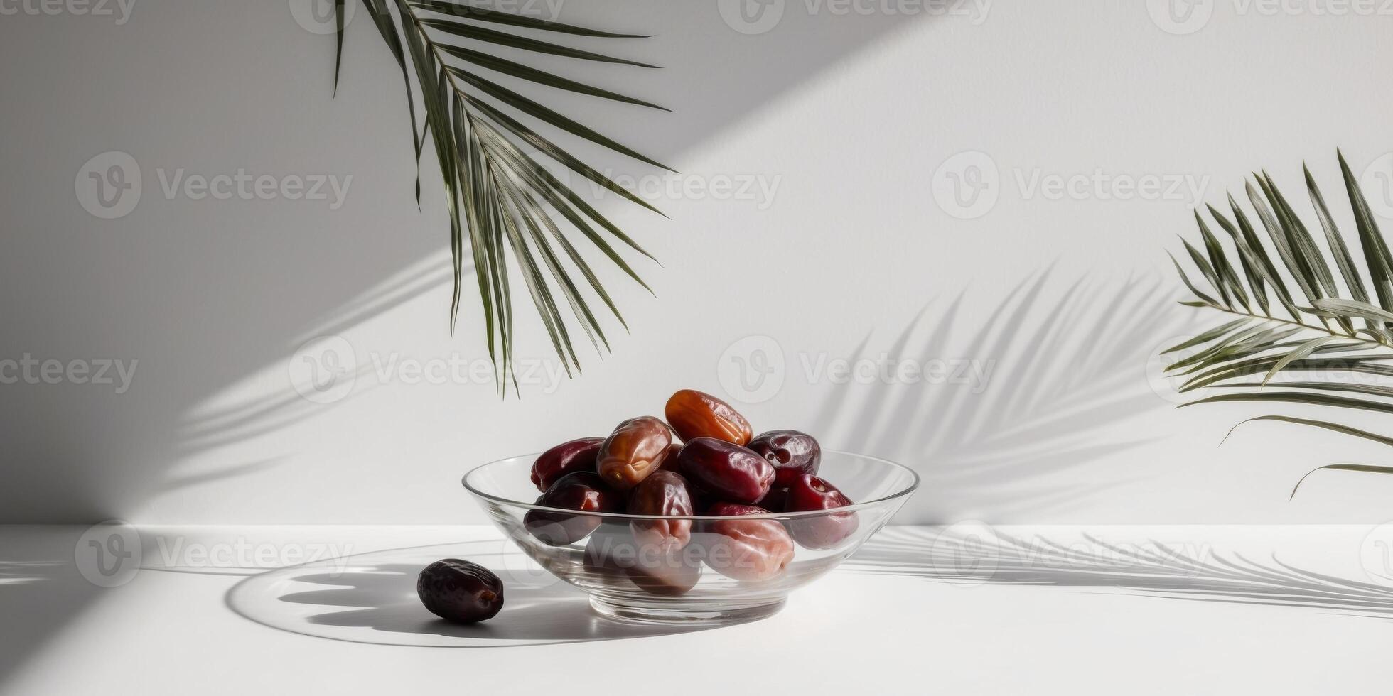 Dates in a Glass Bowl with Palm Leaves and Shadow. photo