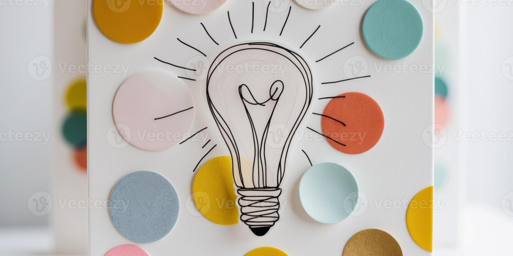 Hand drawn light bulb representing a new idea is surrounded by colorful stickers. photo
