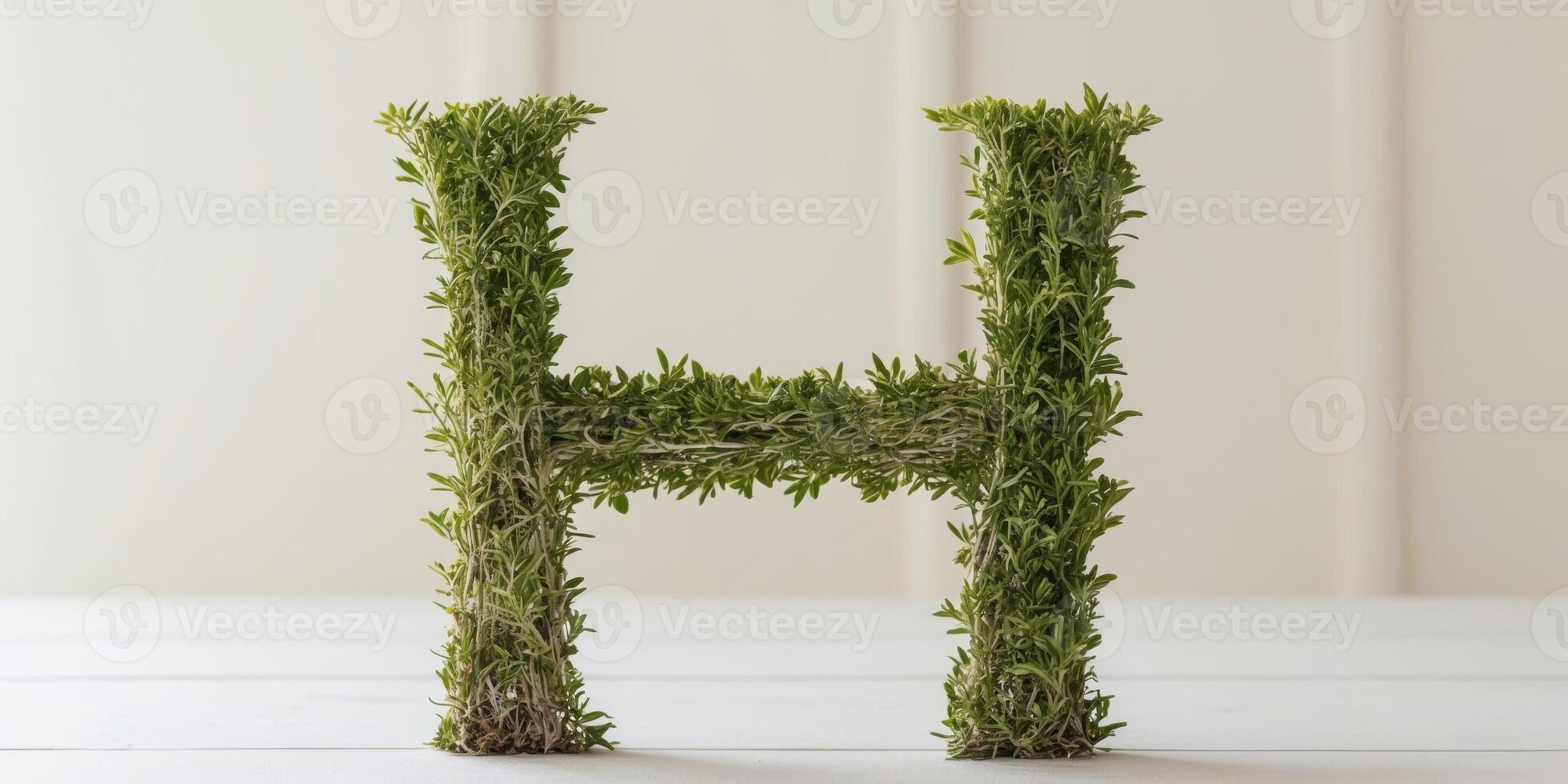 A small hedge plant growing within the shape of the letter H. photo