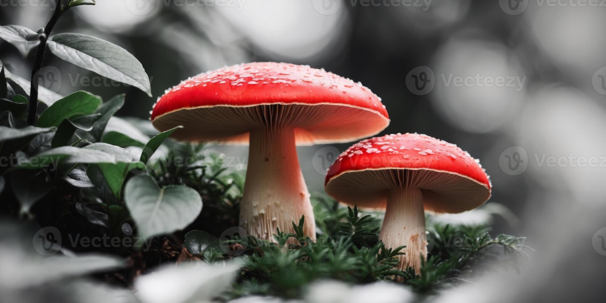 Fascinating world of the vibrant red and white mushroom in nature. photo