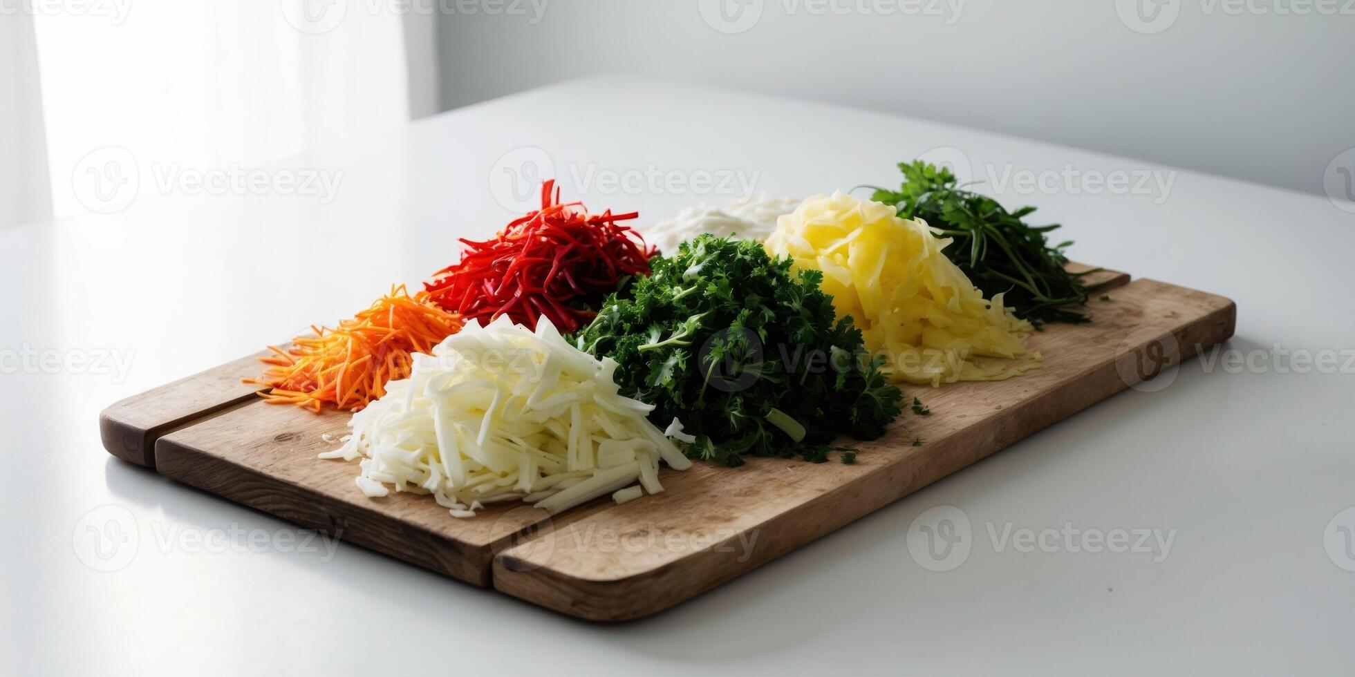 Freshly Chopped Ingredients on Wooden Cutting Board. photo