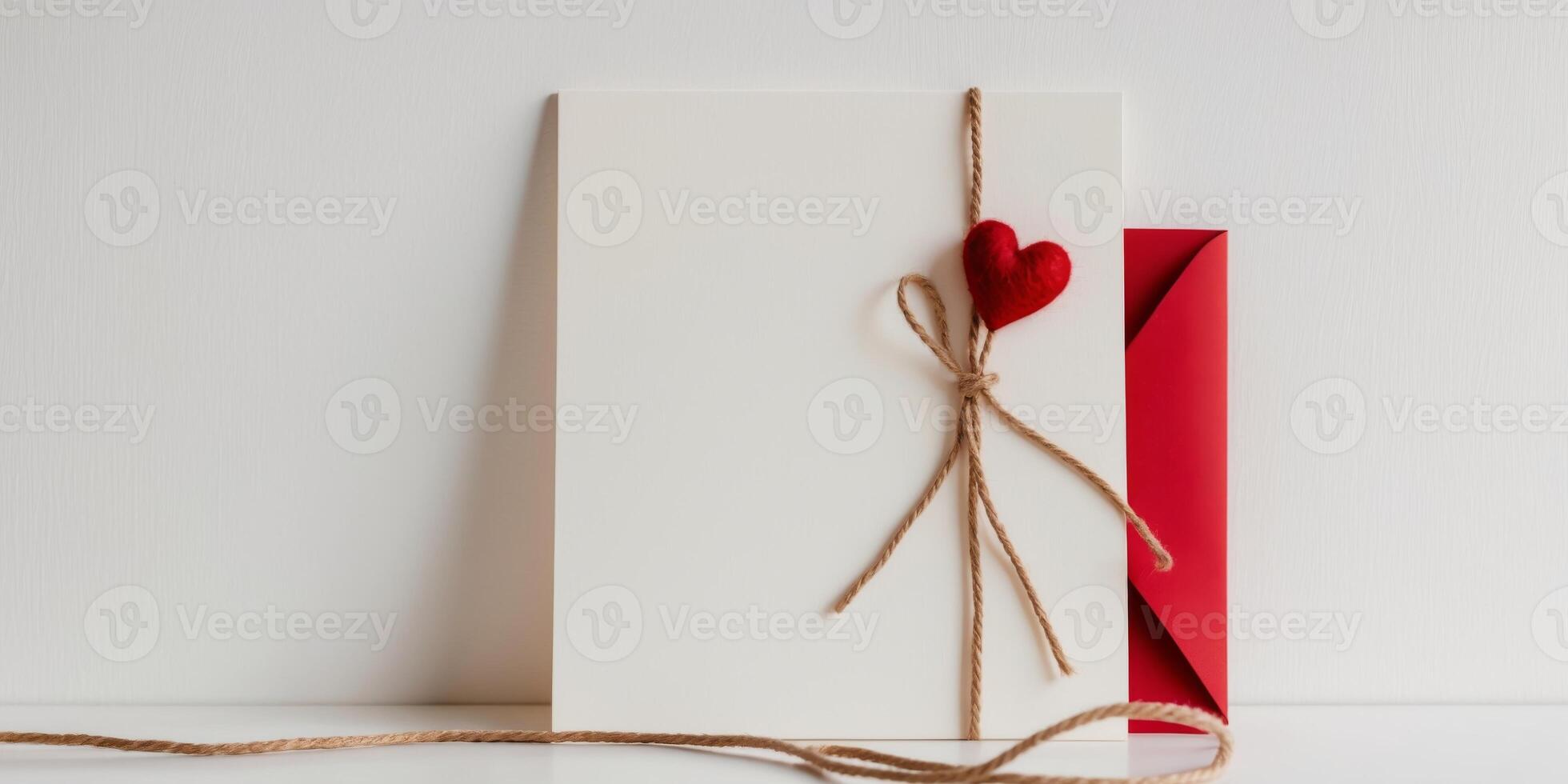 blank love note paper with red heart tied with rope for valentines day. photo