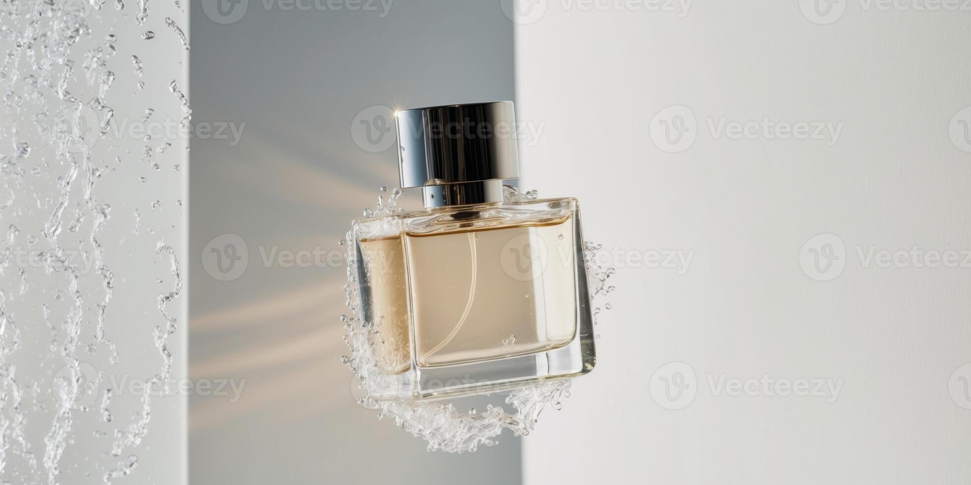 A bottle of perfume is floating in a spray of water. photo