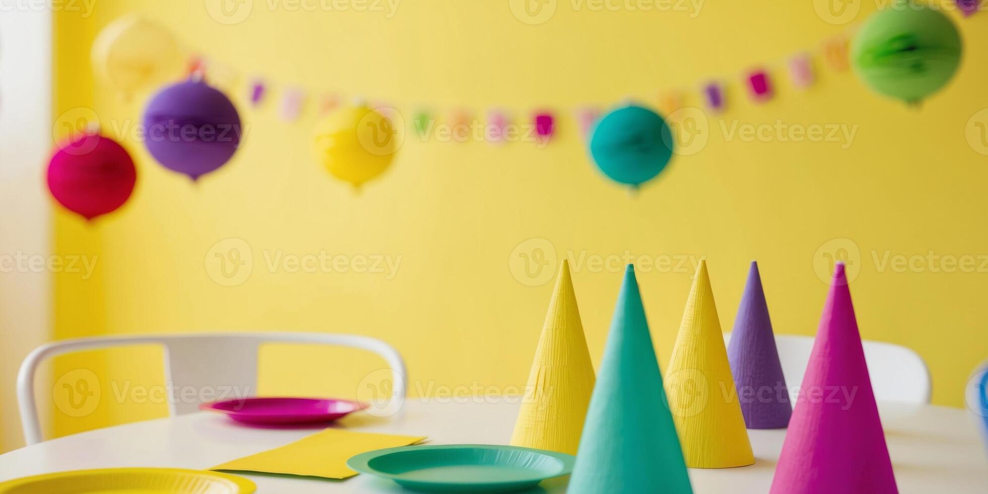 Colorful Party Decorations on Yellow Background. photo