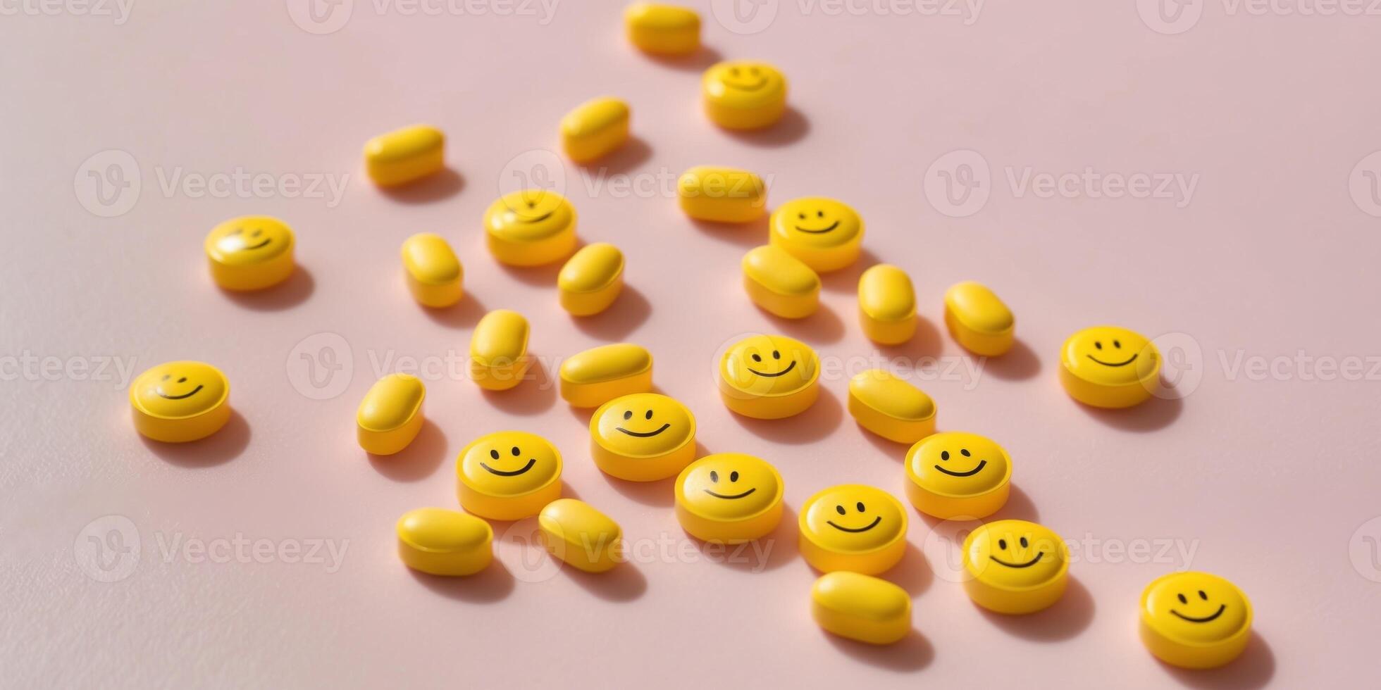 Yellow pills with smiley faces symbolizing antidepressant medication lying on a pink background. photo