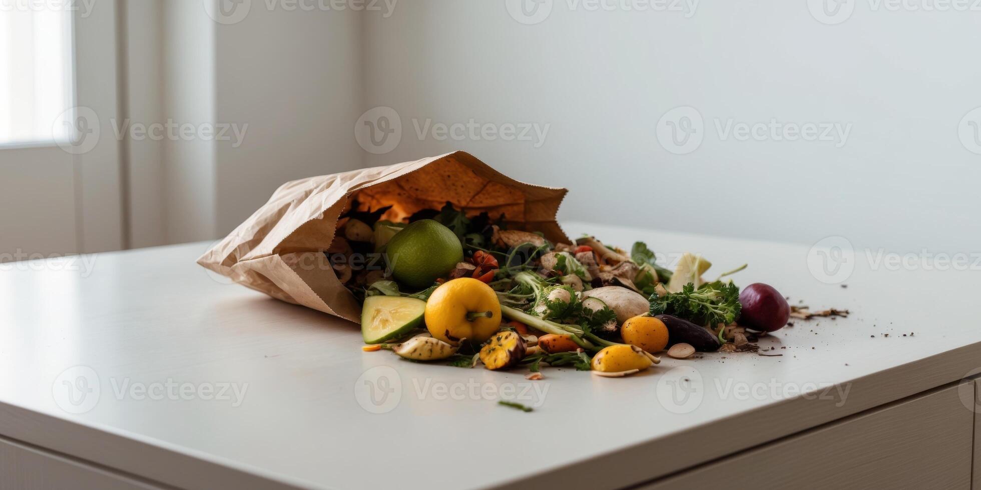 Paper bag full of fruit and vegetable scraps is ready for composting. photo