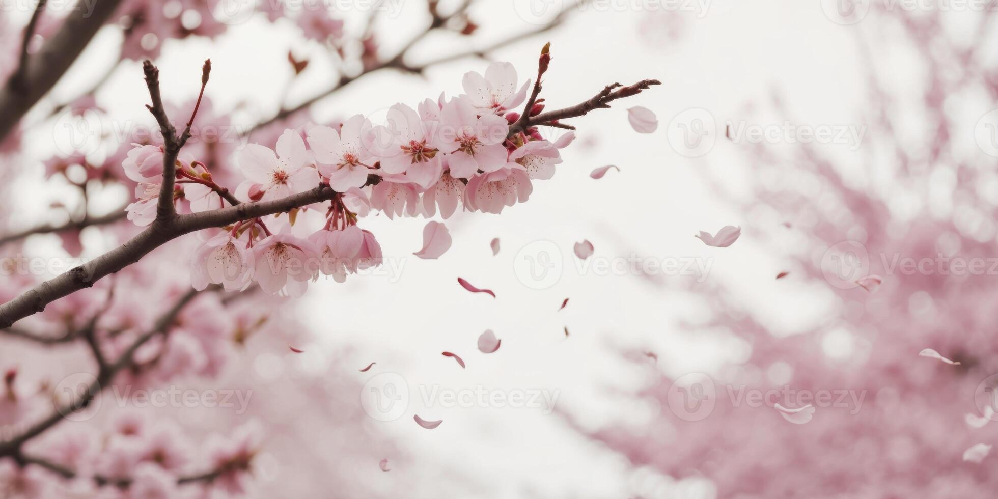 Pink petals falling from cherry blossom trees creating enchanting scenery. photo