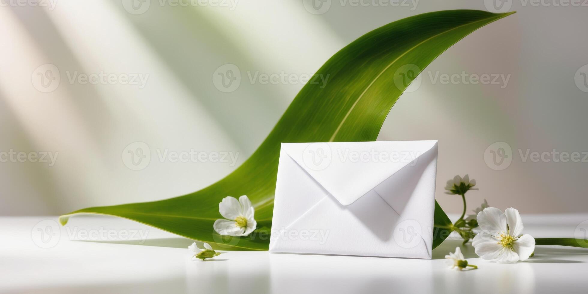 Envelope on Green Leaf Background with White Flowers. photo