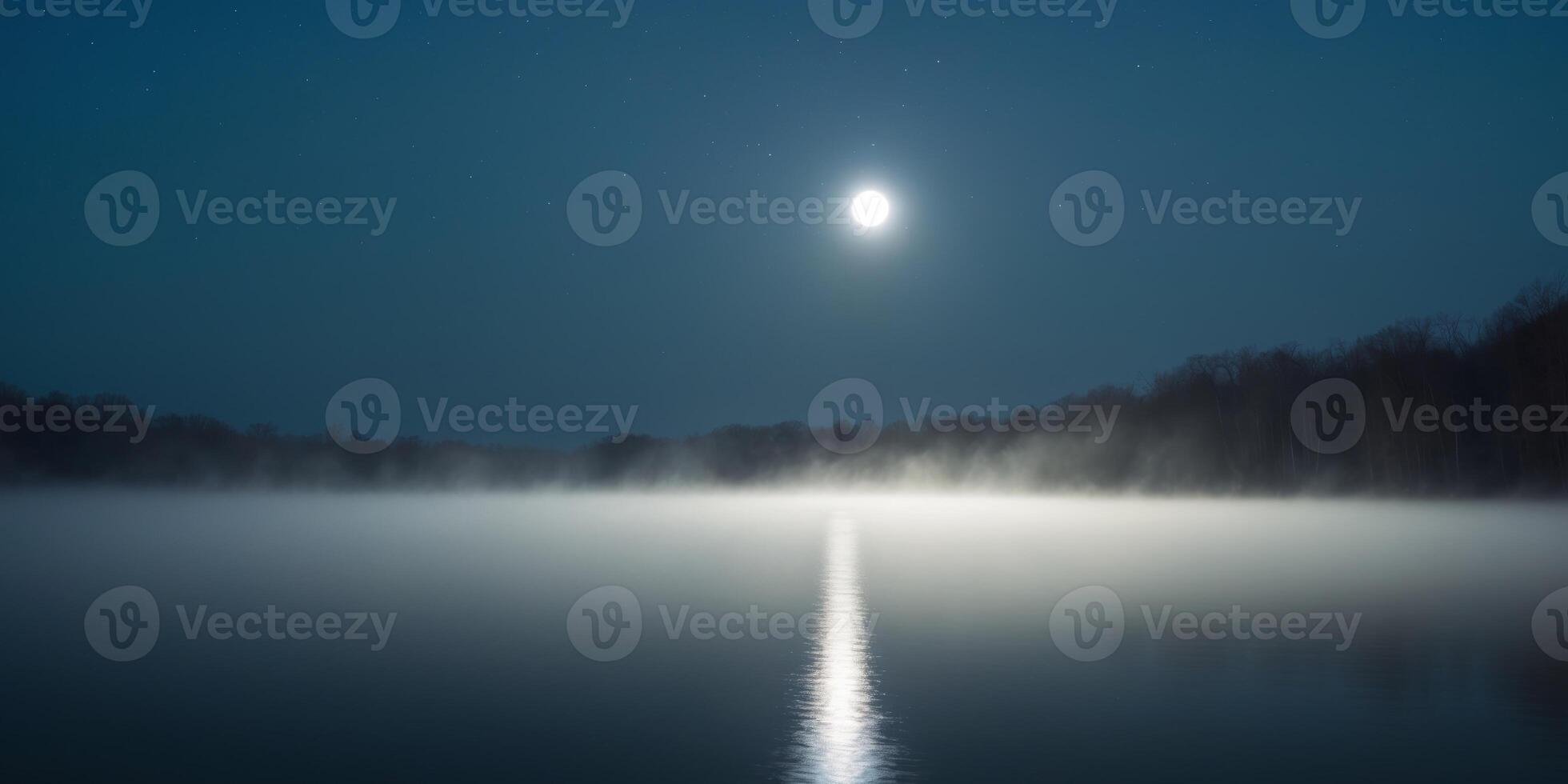Moonlit Mist Over the Lake with Soft Fog and Distant Stars. photo