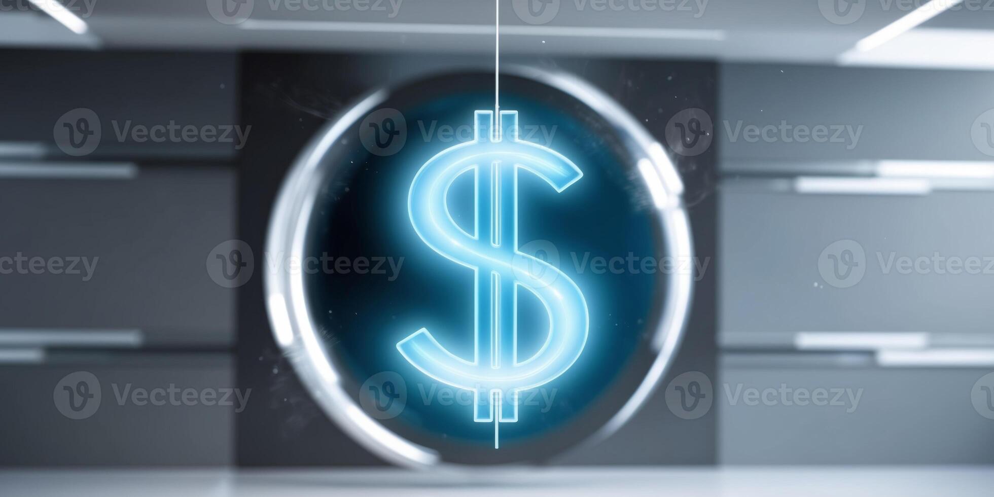 glowing blue digital dollar sign on futuristic technology background. photo