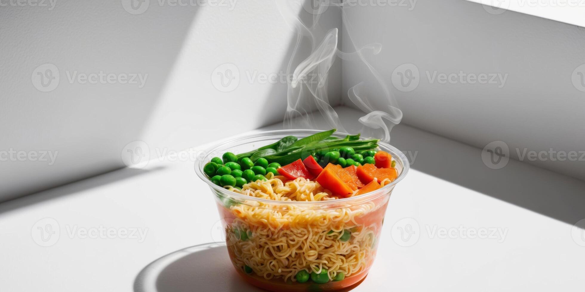 Instant Noodles with Vegetables in Plastic Cup. photo